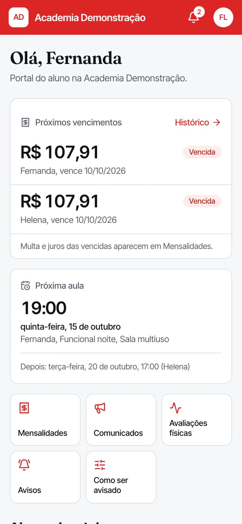 Portal do aluno no celular com as próximas aulas e as mensalidades, com dados fictícios da academia de demonstração.